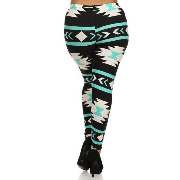 (Plus) Curvy Black White Teal Aztec Pattern Print Leggings - Picture 3 of 4